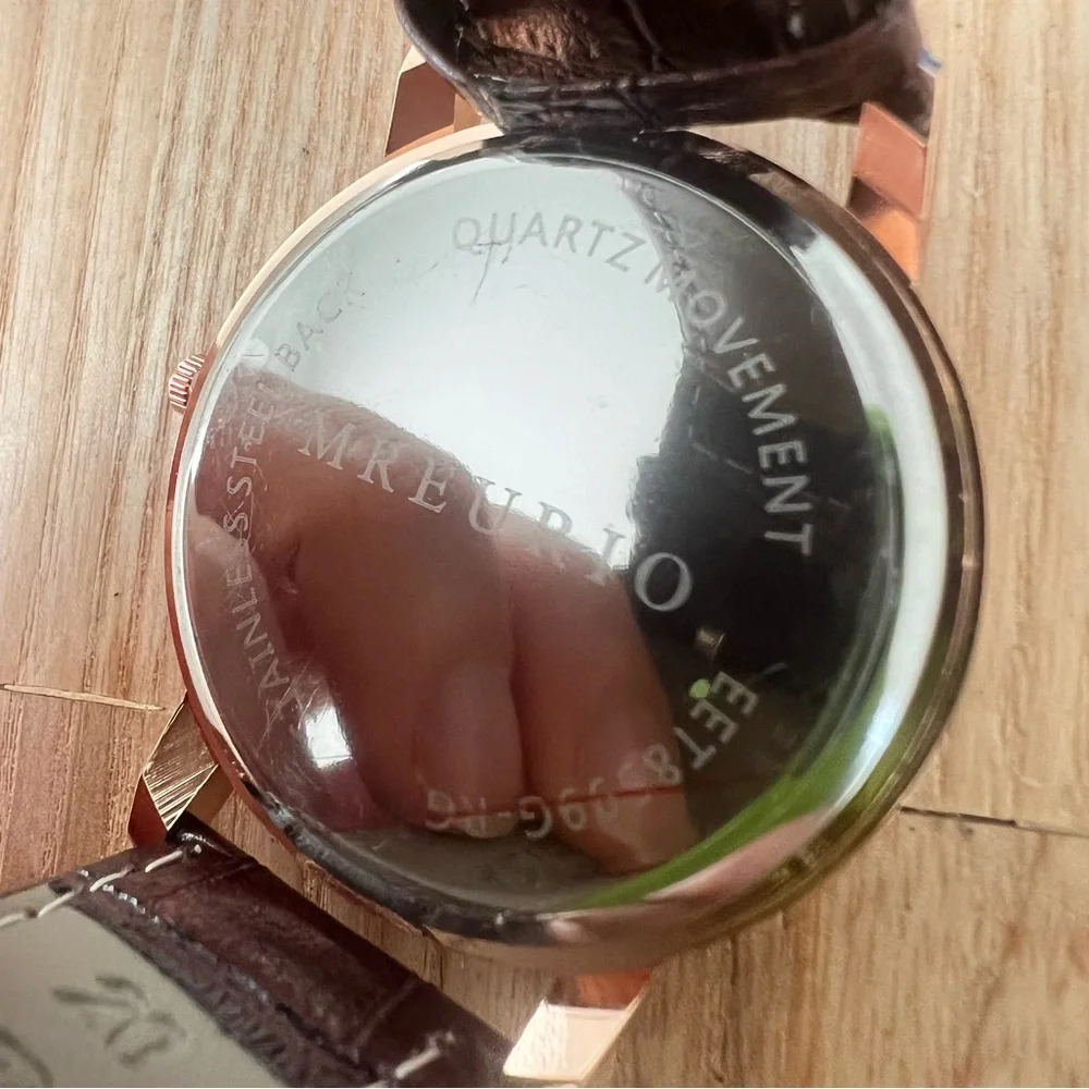 NIB Mreurio mens rose gold tone brown leather dress watch NEW BATTERY